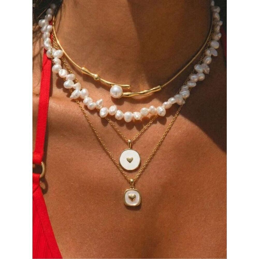 Gold and White Pearl Layered Necklace Set - Women Jewelry R 617